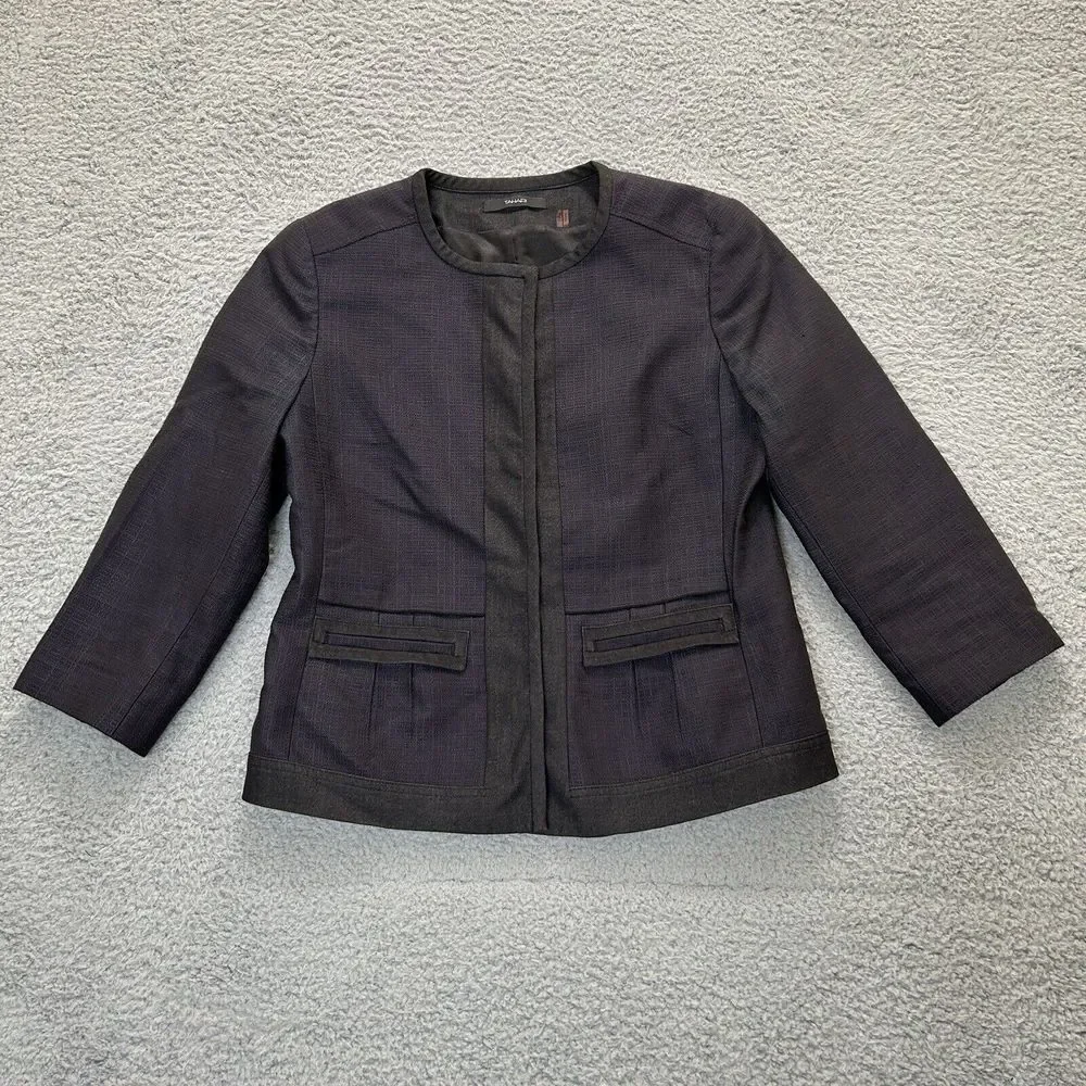 Tahari Jacket Womens 6 Navy Blue 3/4 Sleeves Tweed Blazer Snap Button Collarless
